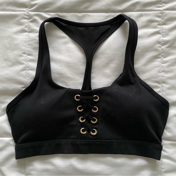 LORNA JANE Luxe Palm Sports Bra, Black w/ Gold Lace Up Design - Picture 2 of 7